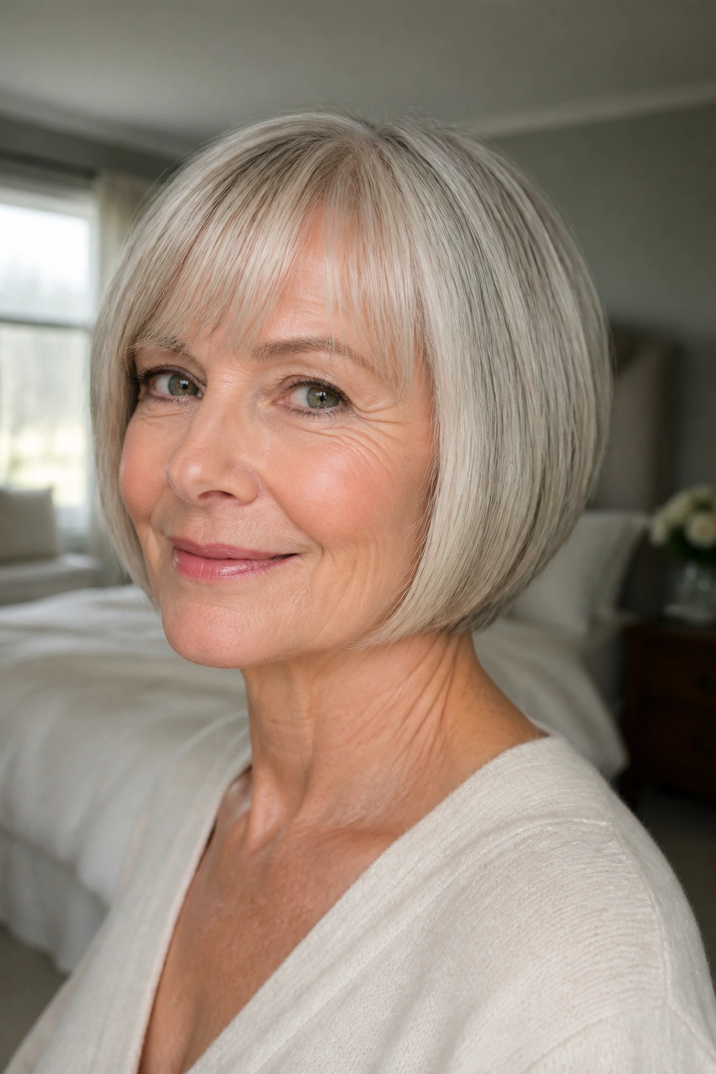 Close-up portrait of a real woman with a sharp bob showing a defined hemline and crown lift.