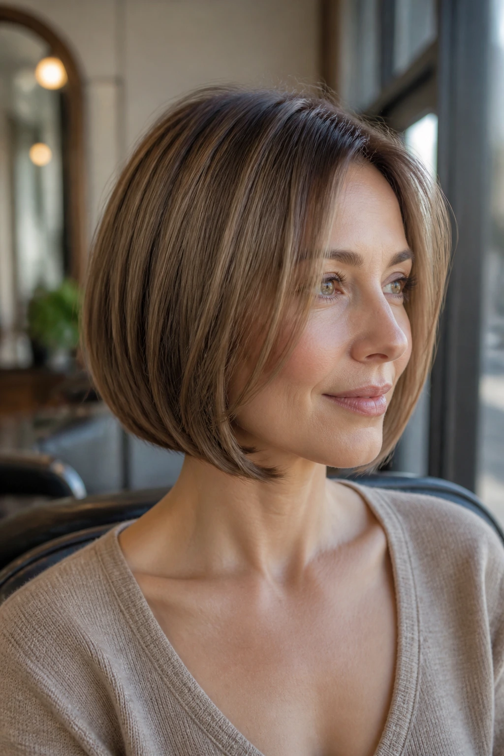 Close-up portrait of a real woman with a fine-hair bob showing hidden layers and a full edge in a sunlit salon