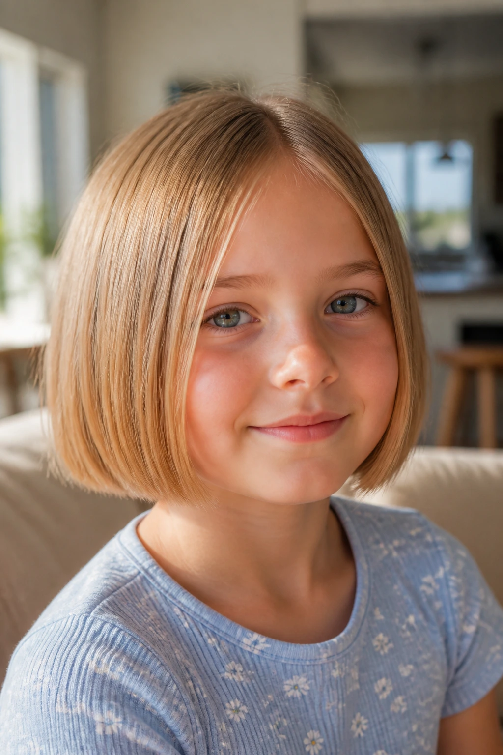 Child with blunt fine-hair bob in home setting