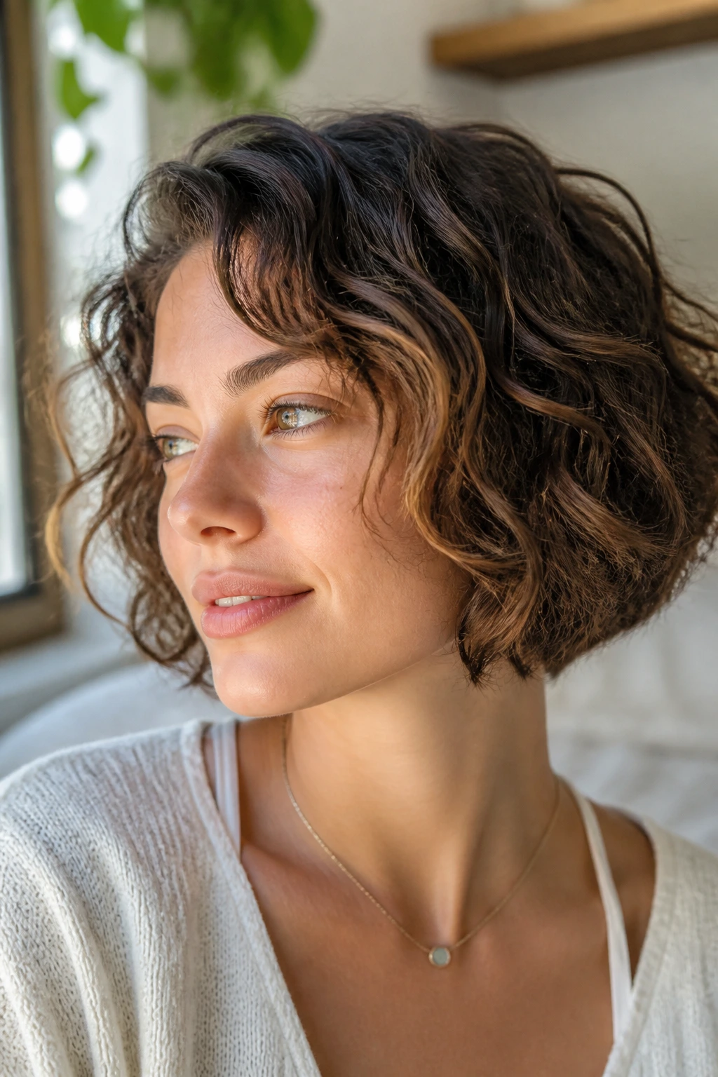Close-up portrait of a real woman with a chin-length fine-hair bob with light layers and natural window light