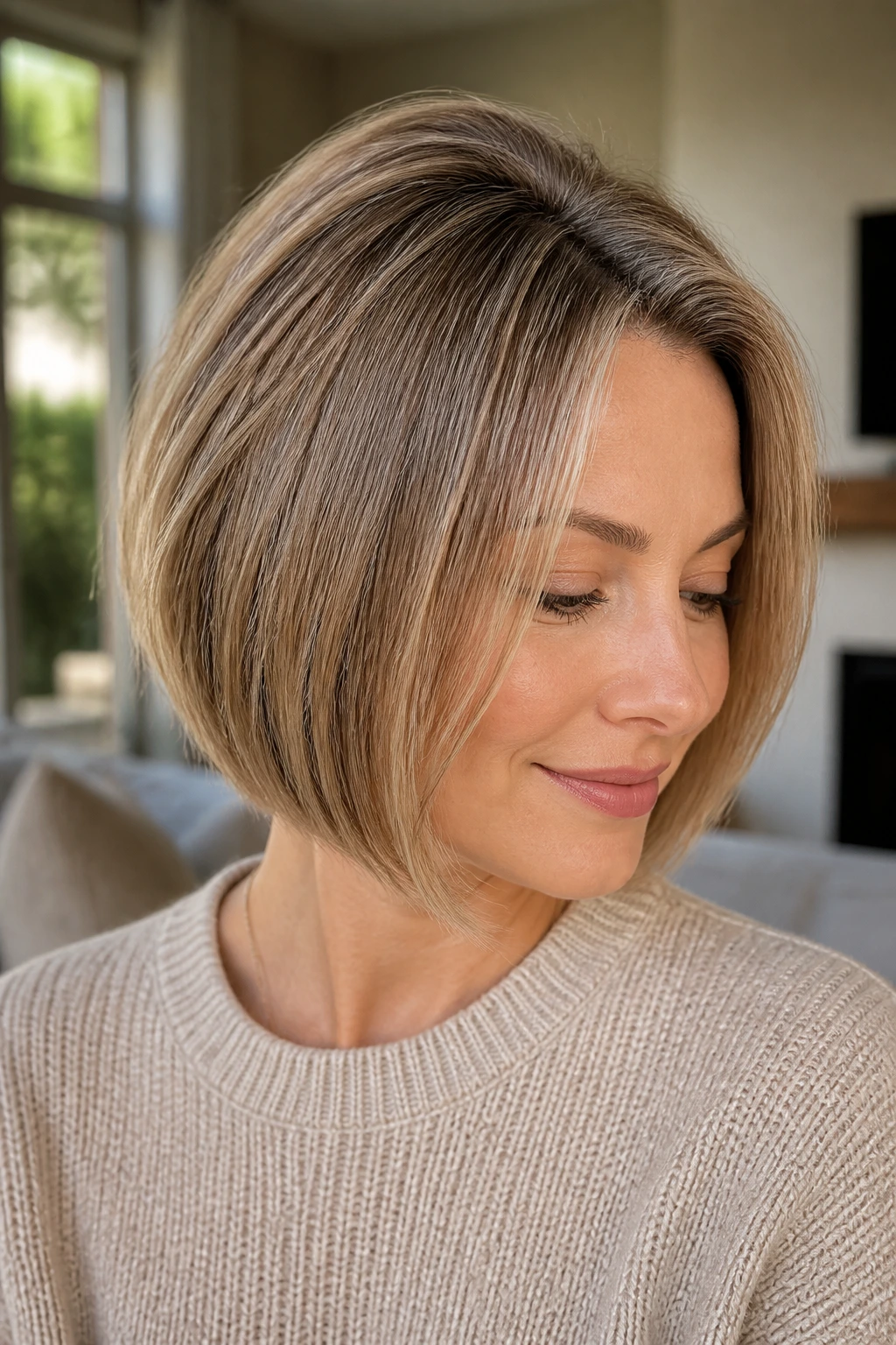Close-up of a real woman with a fine-hair bob and hidden lift at the crown
