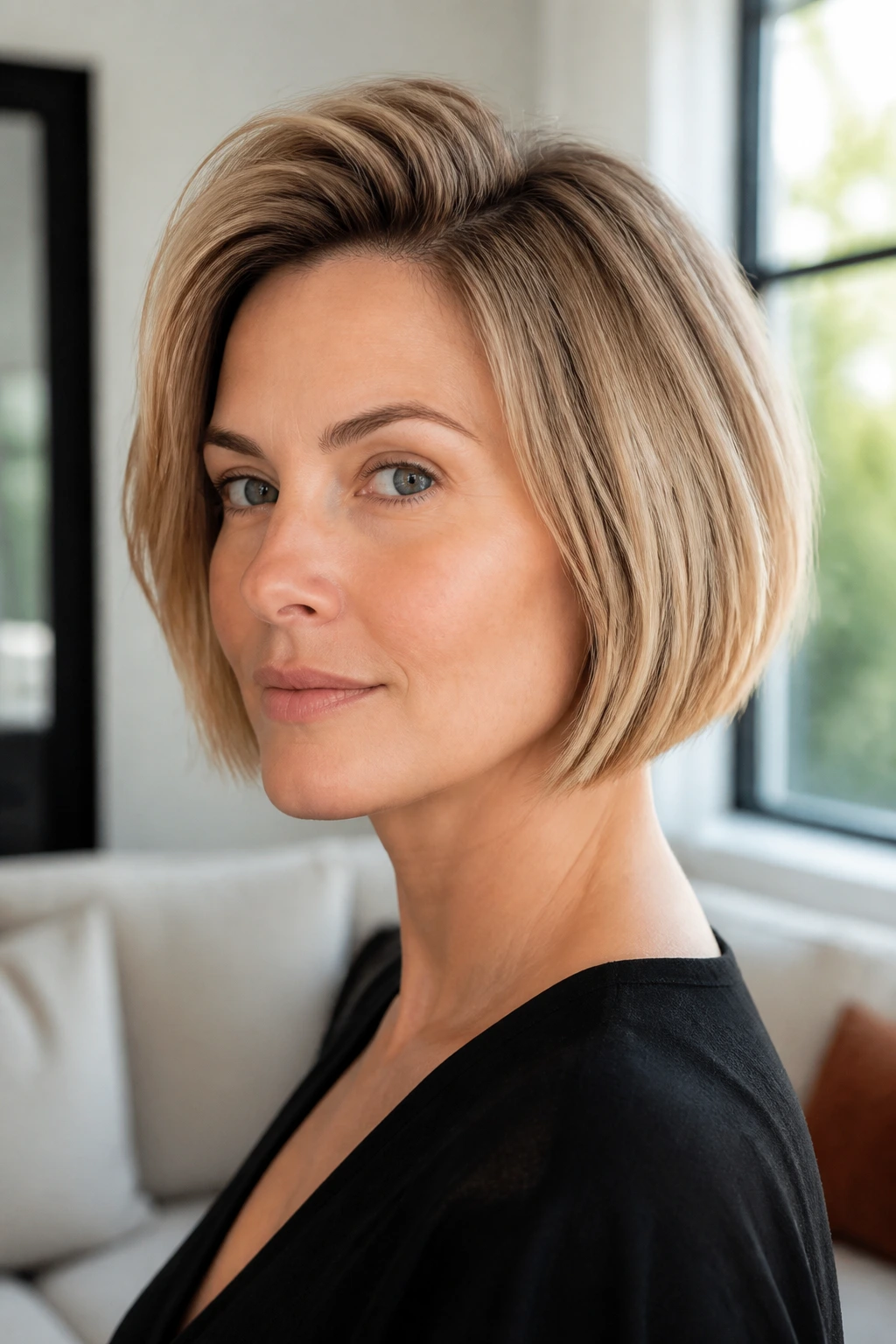 Portrait of a real woman with a dense-looking blunt bob for fine hair