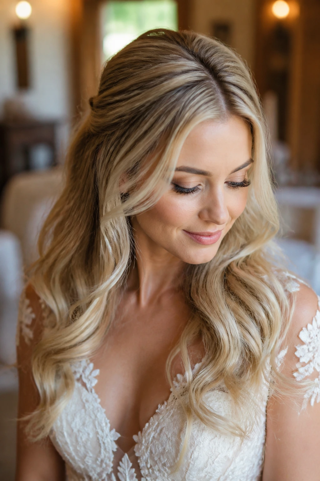 Close-up of real bride with volumized fine-hair waves using mousse at roots