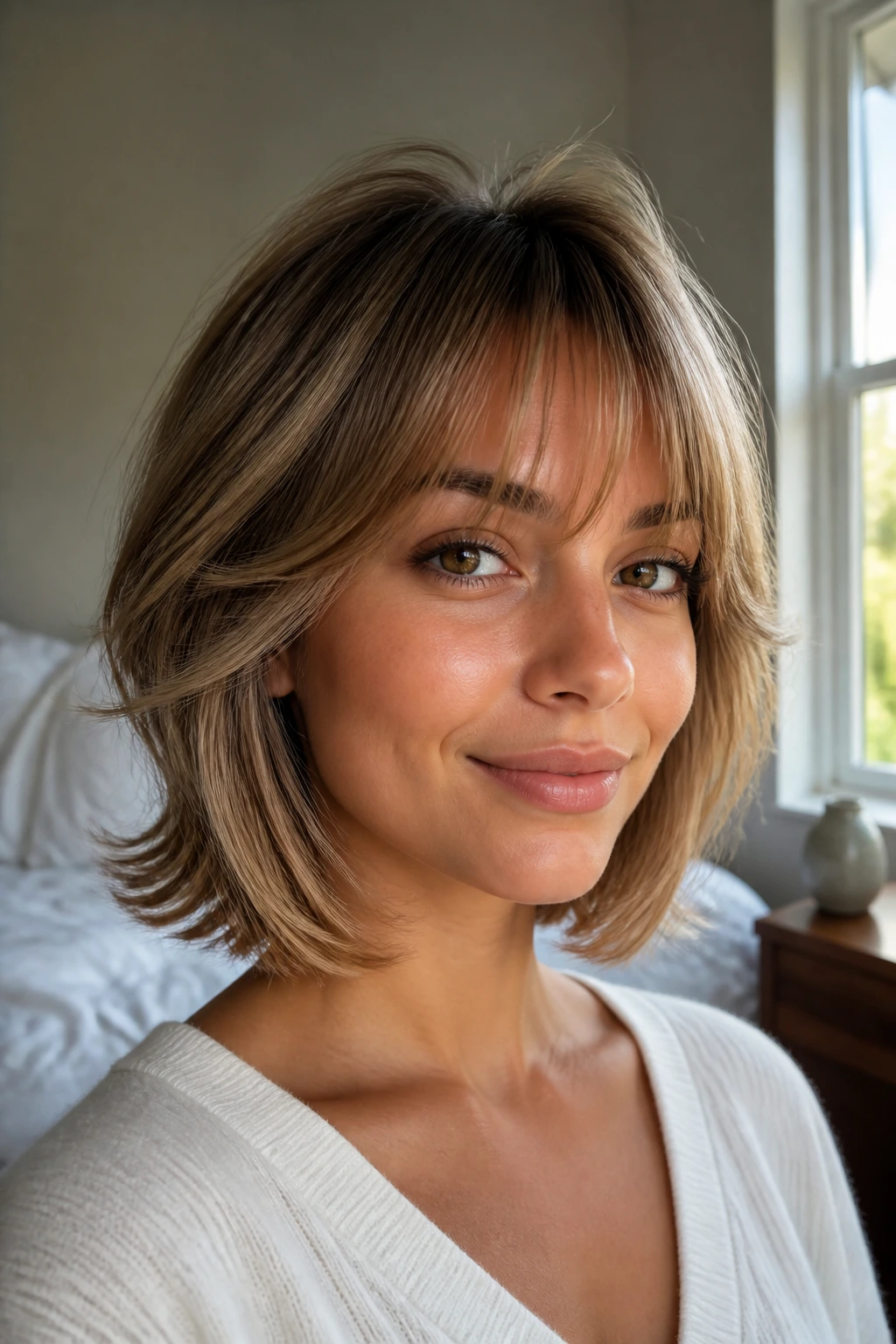 Close-up portrait of a real woman with Fine-Hair Lifted Butterfly Lob in sunlit bedroom