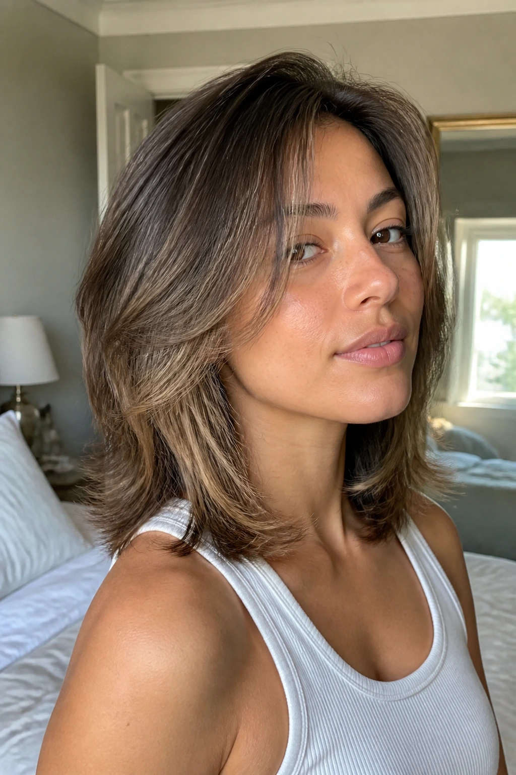 Close-up of a real woman with fine-hair butterfly and root lift in bright window light