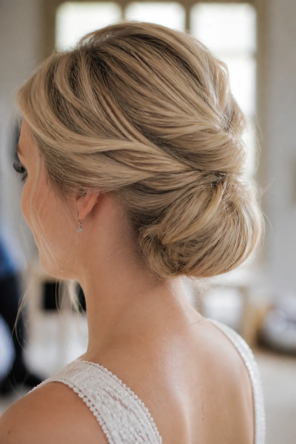 Close-up of a real bride with a compact padded chignon for fine hair.