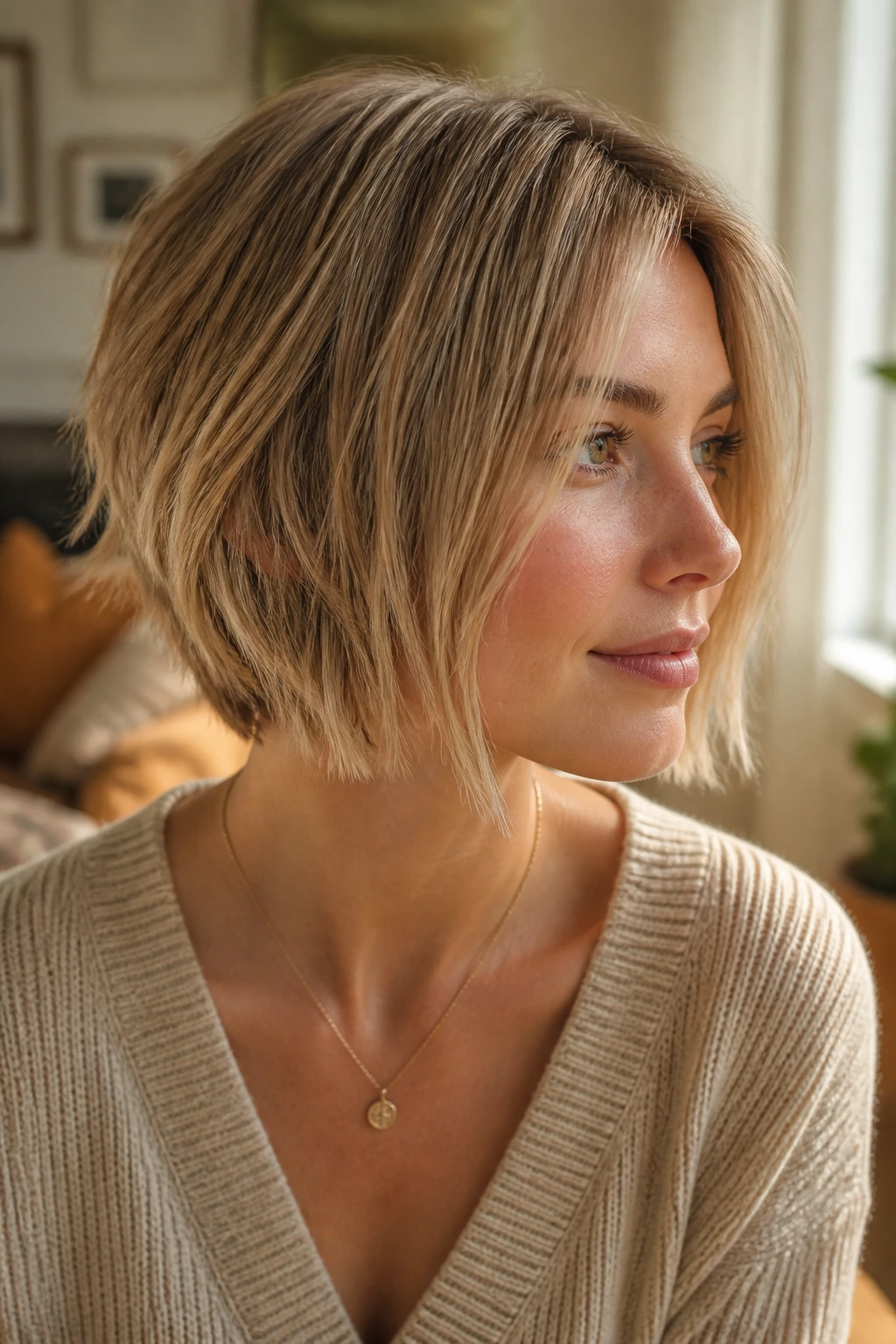 Portrait of a person with a fine-hair choppy bob showing invisible layers