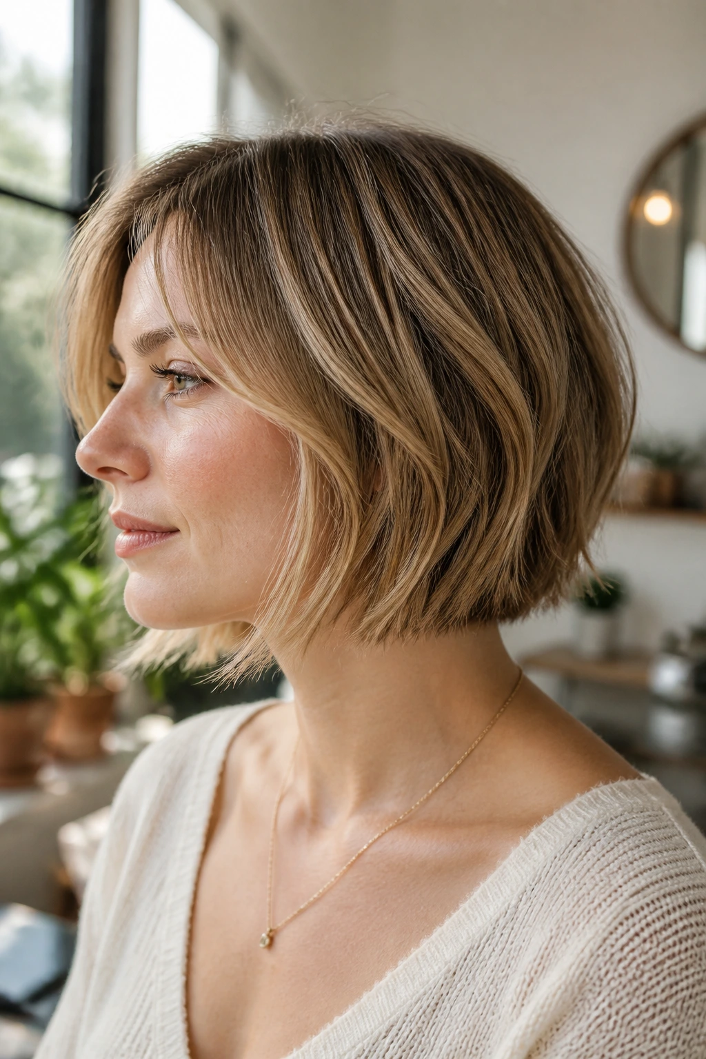 Real person with fine-hair choppy bob and micro-layers in warm light.