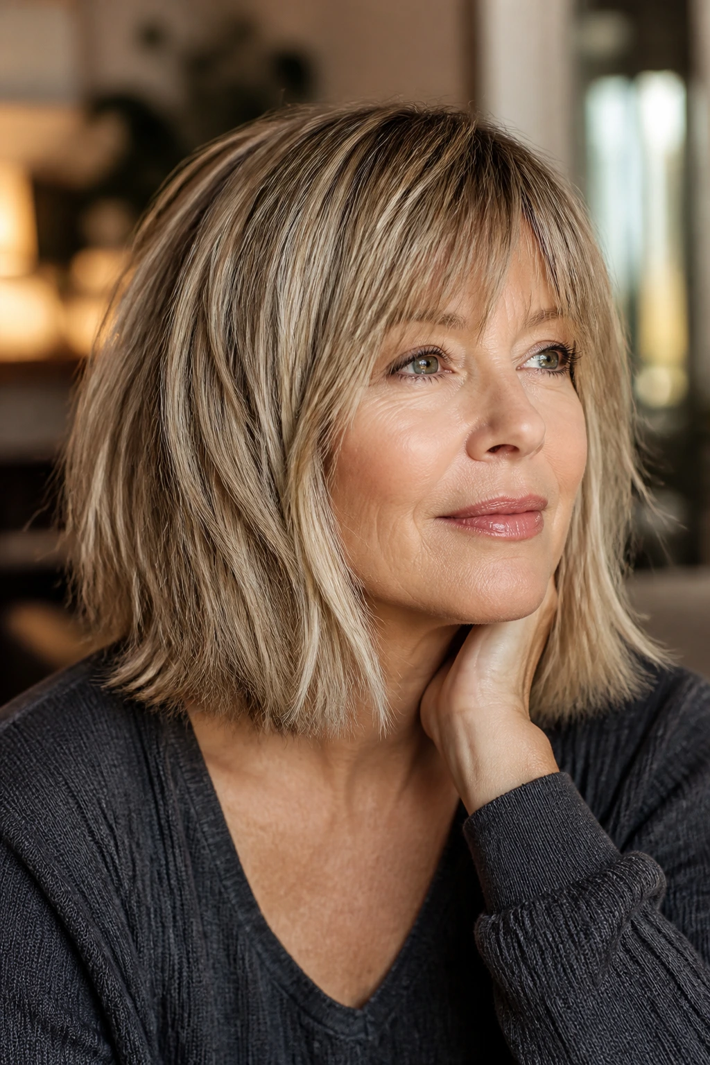Close-up of a real woman with fine hair styled with restrained choppy ends for lift.