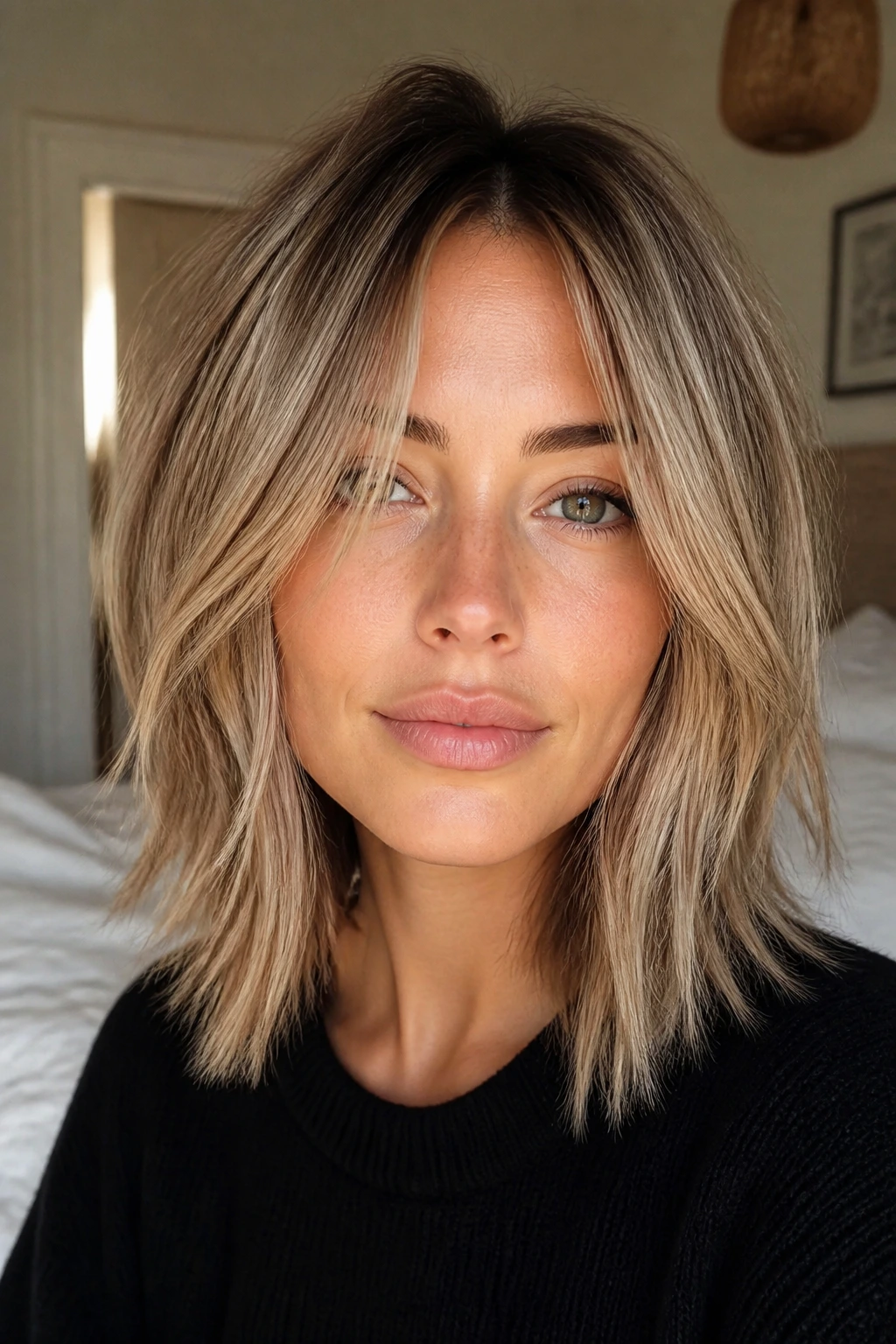 Close-up portrait of a real woman with fine, choppy lob hair framing her face in natural window light