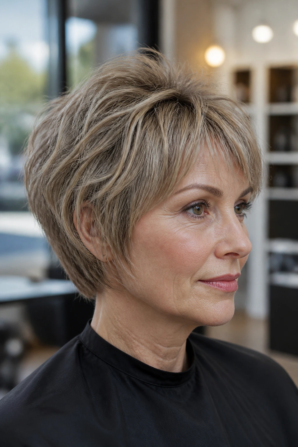 Close-up of a real person with fine hair showing textured crown lift in a softly lit salon.