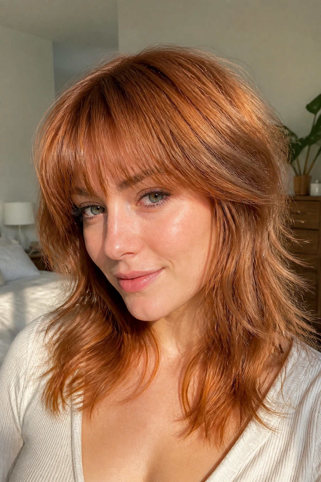 Close-up portrait of a real woman with fine copper wolf cut showing defined layers