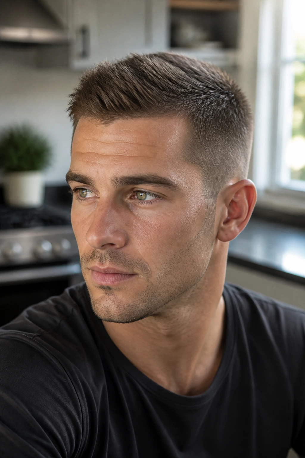 Close-up of a man with fine-hair crew cut showing lifted roots and subtle texture.