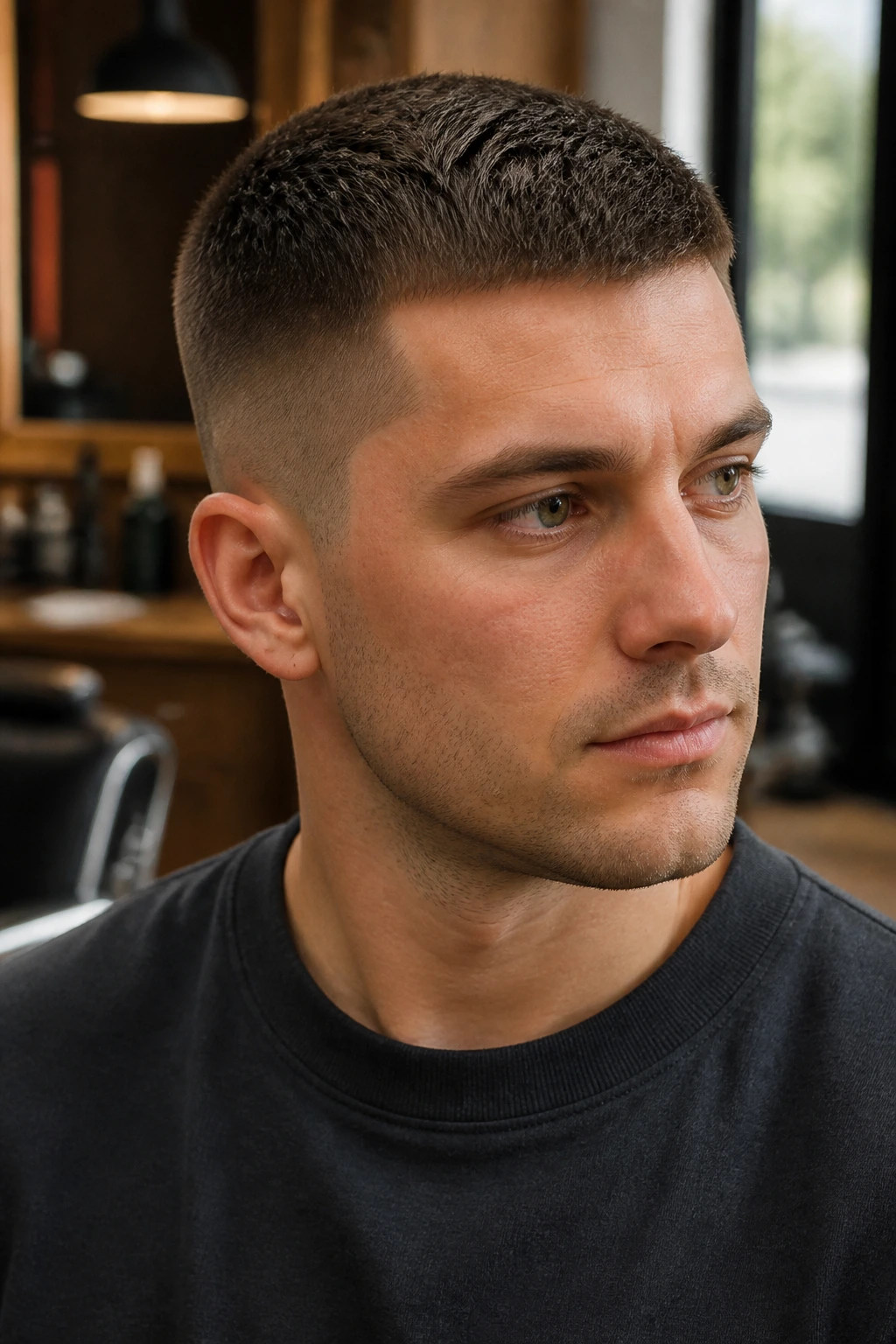 Close-up portrait of a real man with a fine-hair crew cut in a barbershop setting