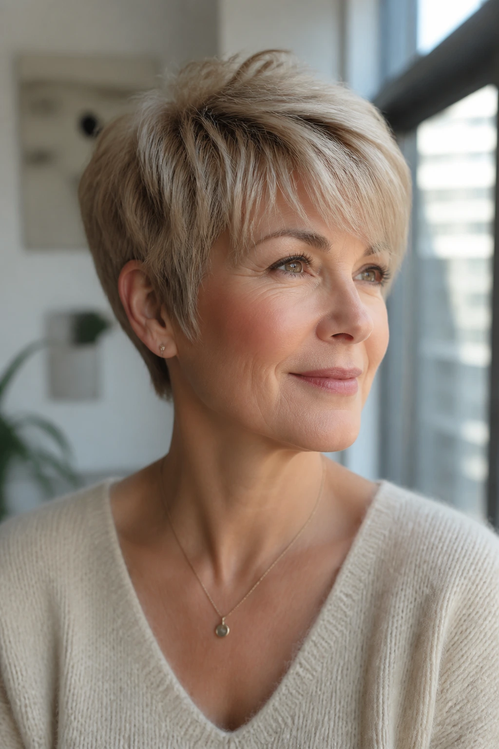 Close-up of a woman with a fine-hair layered crop showing lift at the crown