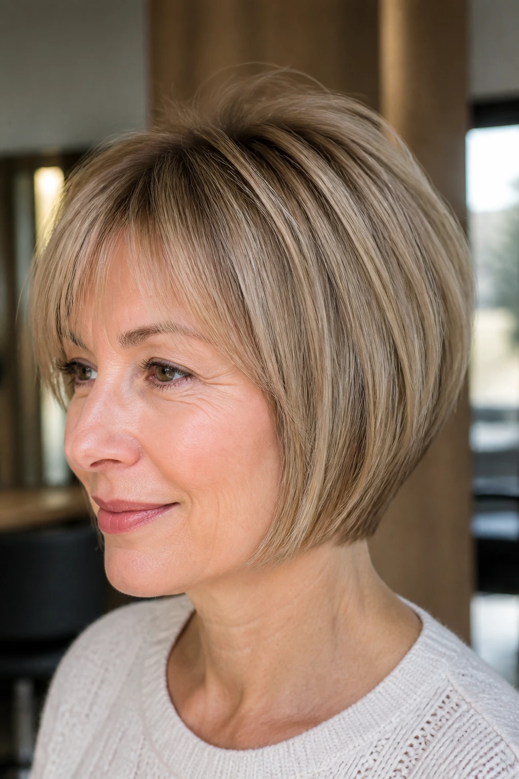 Close-up portrait of a woman with fine hair chop and crown lift in a salon