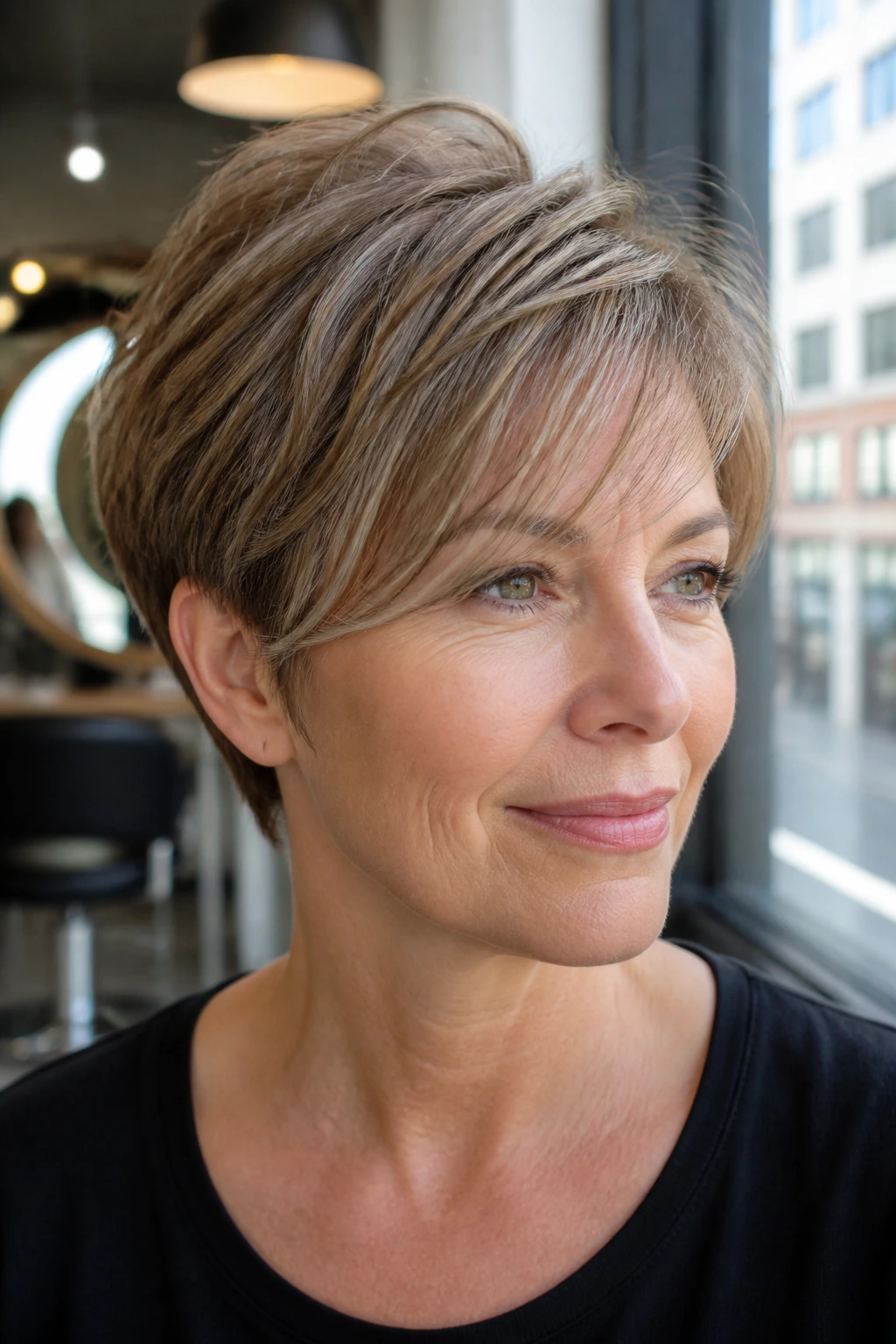 Real person with fine-hair boost cut showing short crown layers and wispy side fringe in a bright salon.