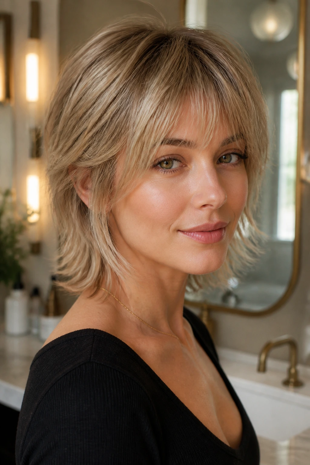 Close-up of real person with fine-hair shag and light crown layers