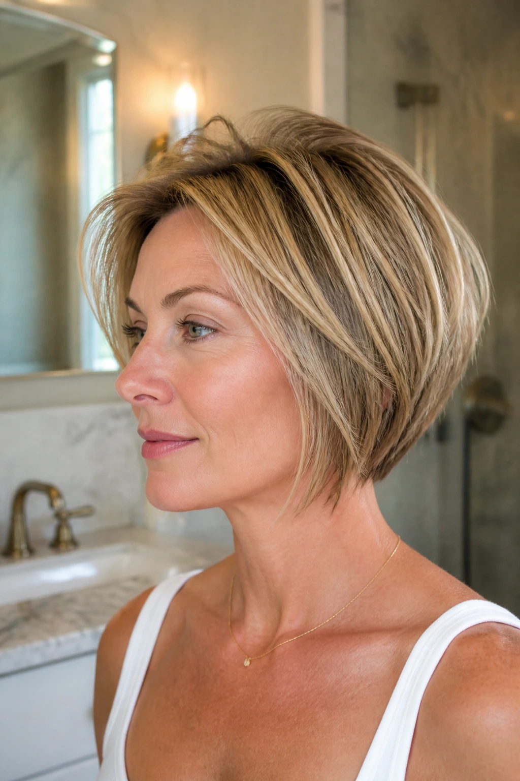 Close-up of a real woman with a fine-hair bob and lifted crown layers in a bathroom