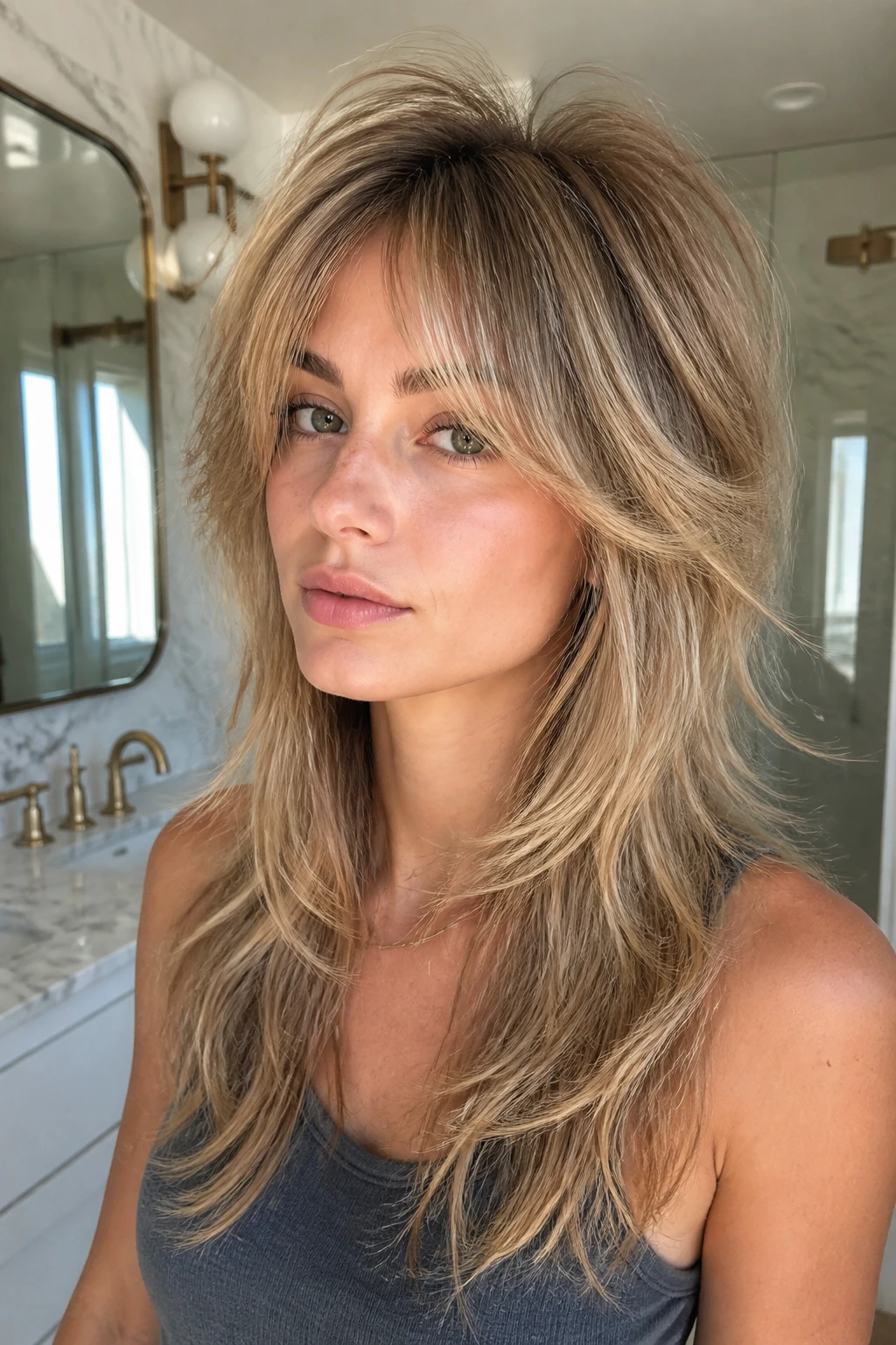 Portrait of a real woman with a fine-hair lift shag and higher crown.