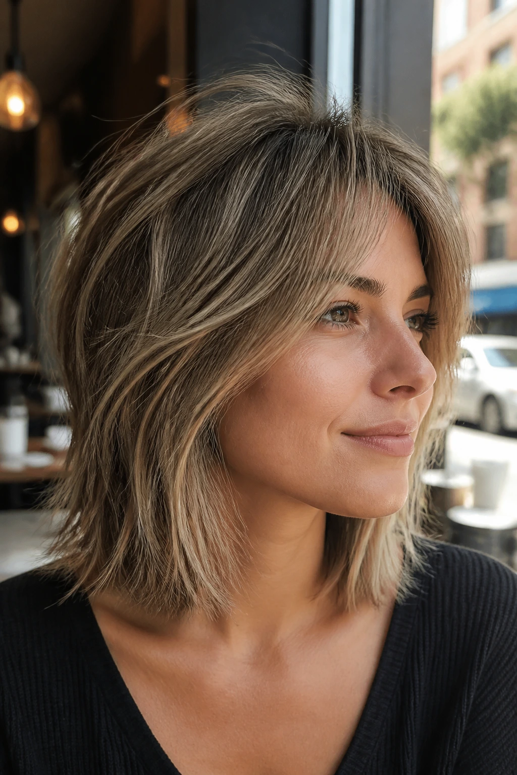 Close-up of fine-hair choppy cut with crown lift on a real person near a cafe window