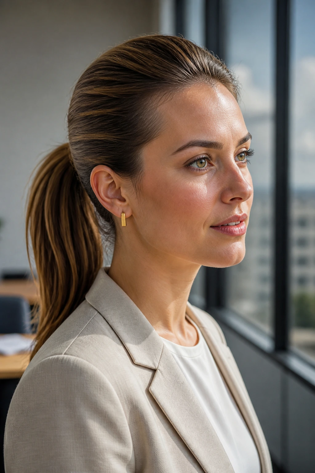Portrait of a real woman with a lifted crown and clean, sleek ponytail, showing fuller silhouette under office daylight.
