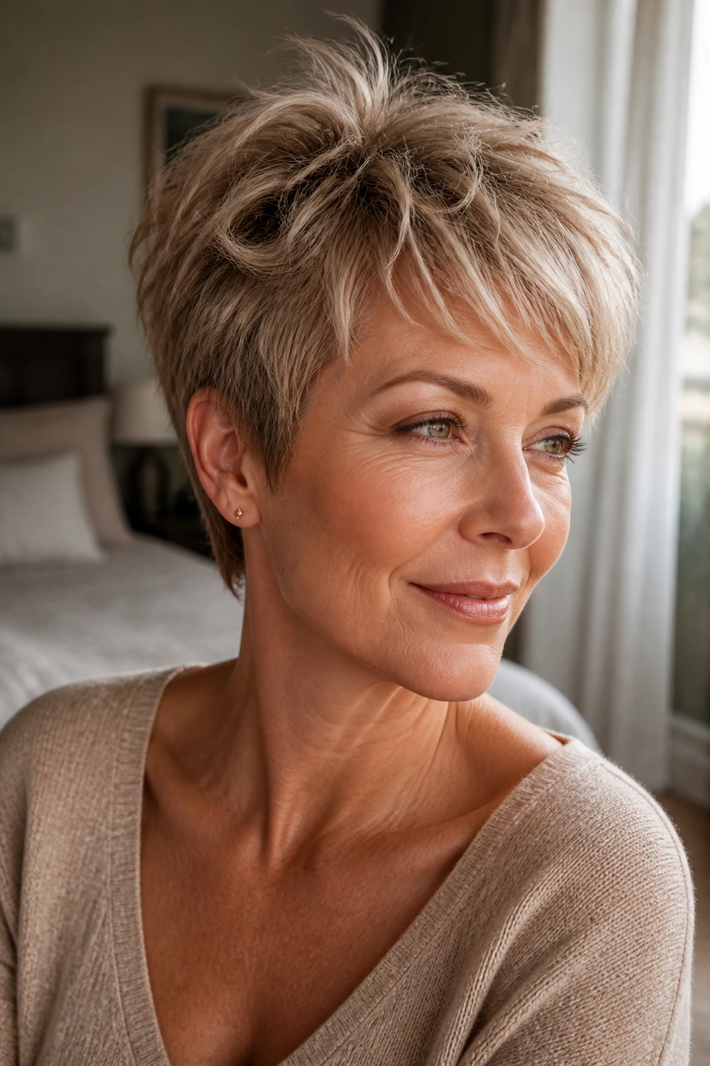 Close-up portrait of a person with fine hair showing crown lift and feathered edges in a sunlit bedroom