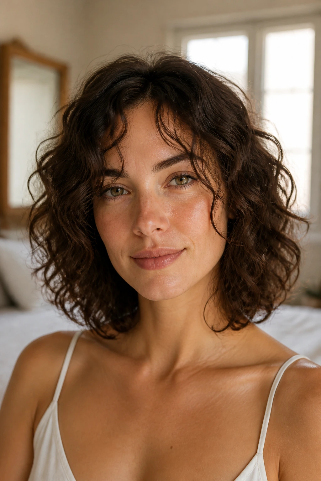 Close-up portrait of a real woman with a fine curly lob, collarbone-length, soft lighting.