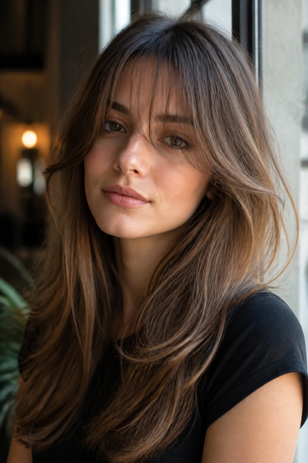 Portrait of a person with fine airy layers and see-through curtain bangs
