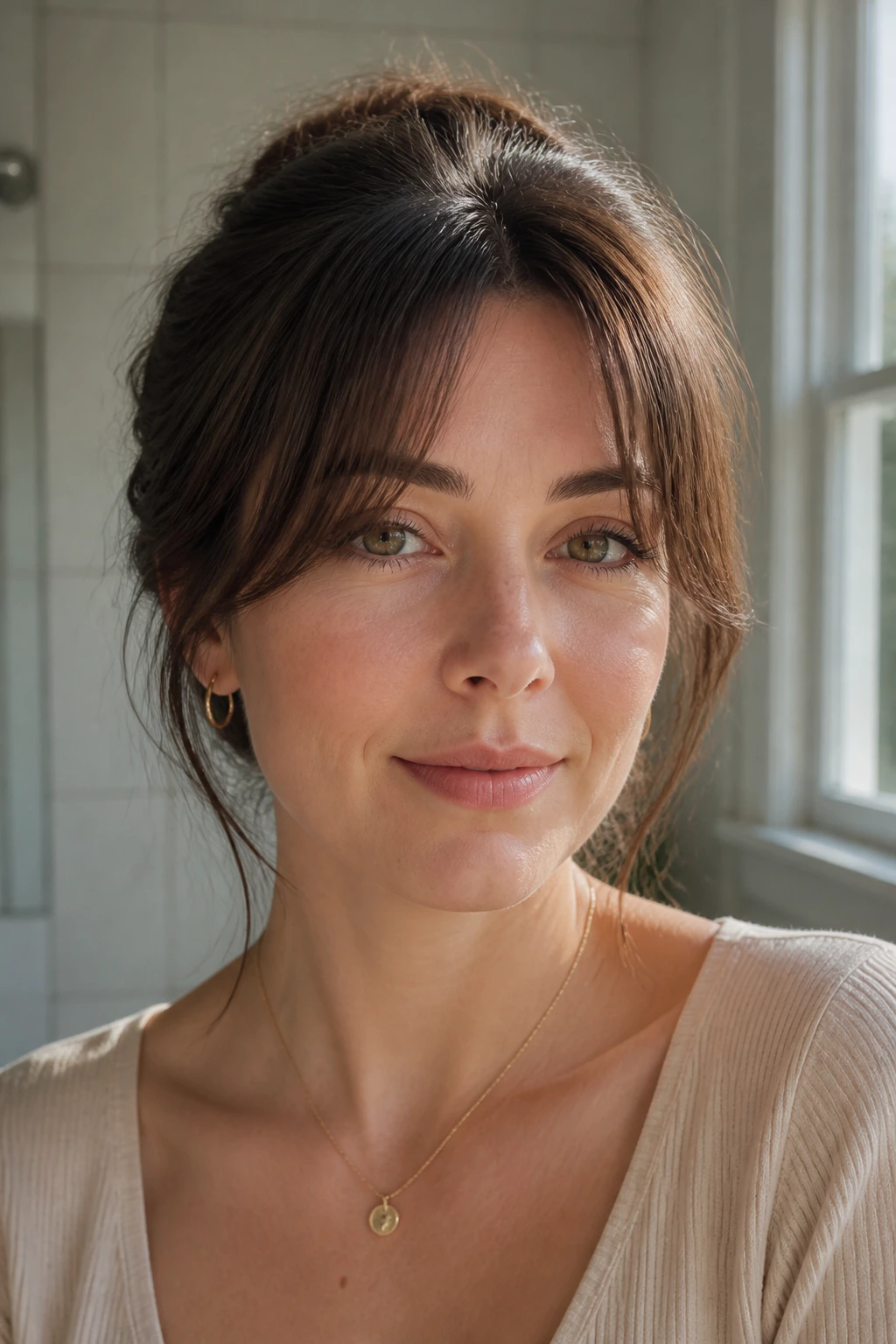 Close-up portrait of a real woman with fine-hair lifted curtain bangs under natural window light