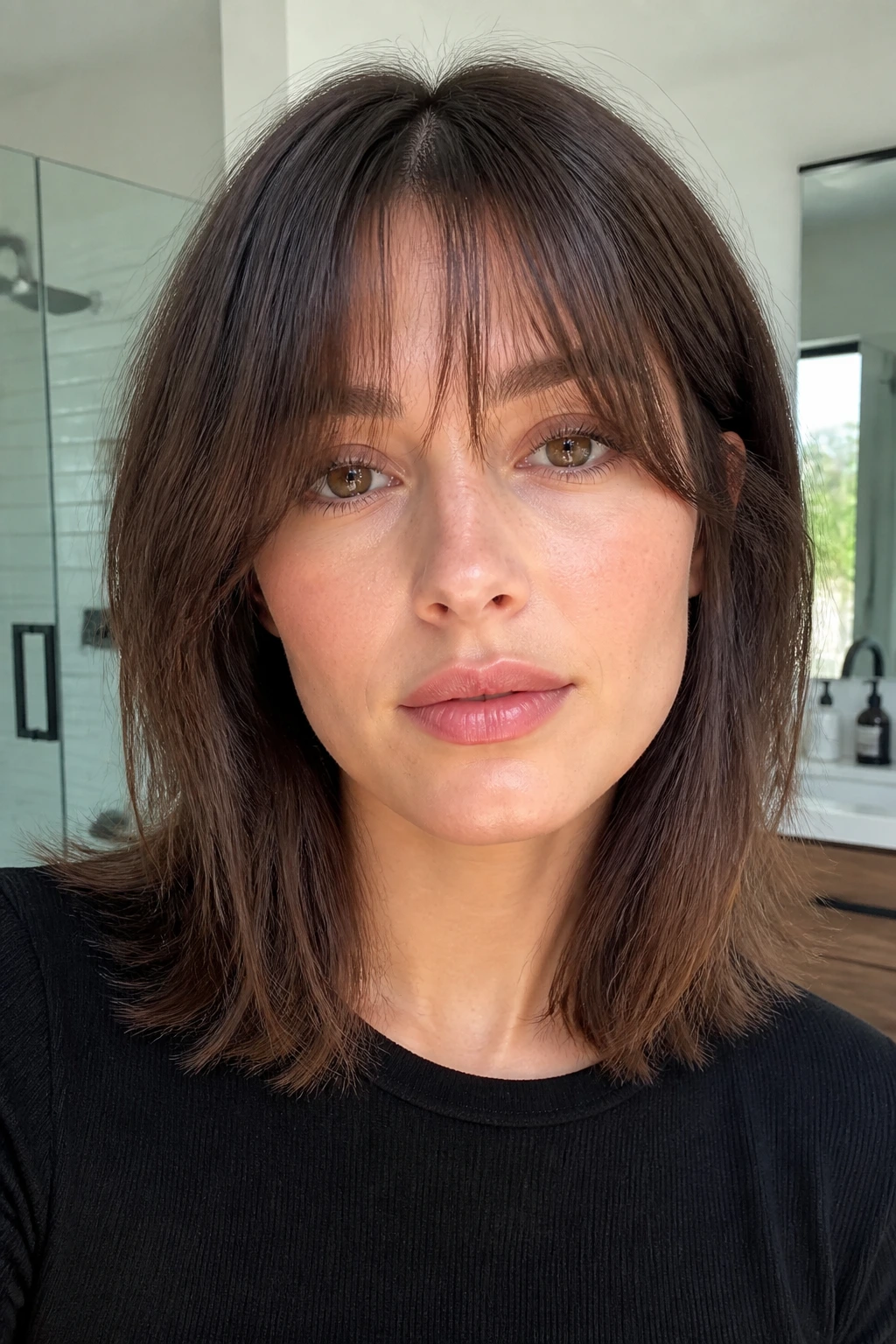 Portrait of a real person with fine curtain bangs showing subtle density and root volume