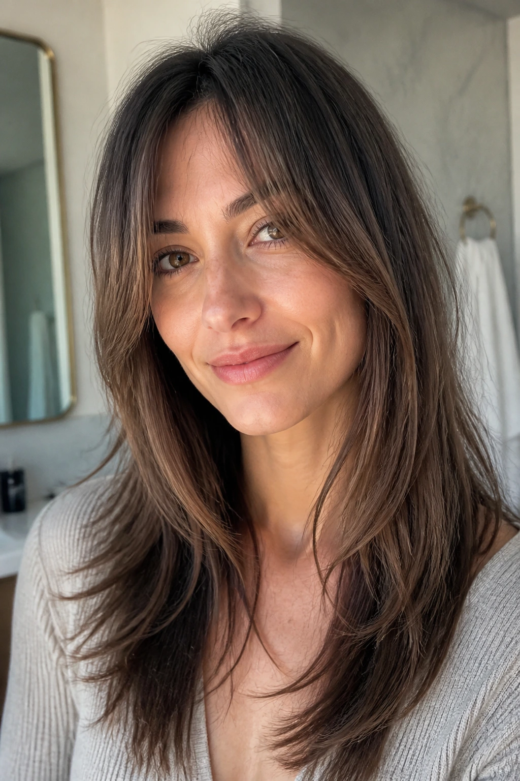 Portrait of a real woman with face-framing layers and curtain fringe for fine hair variation