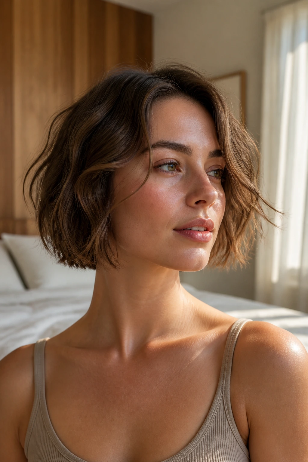 Close-up portrait of a woman with a blunt jaw-length cut and barely-there layers in fine hair