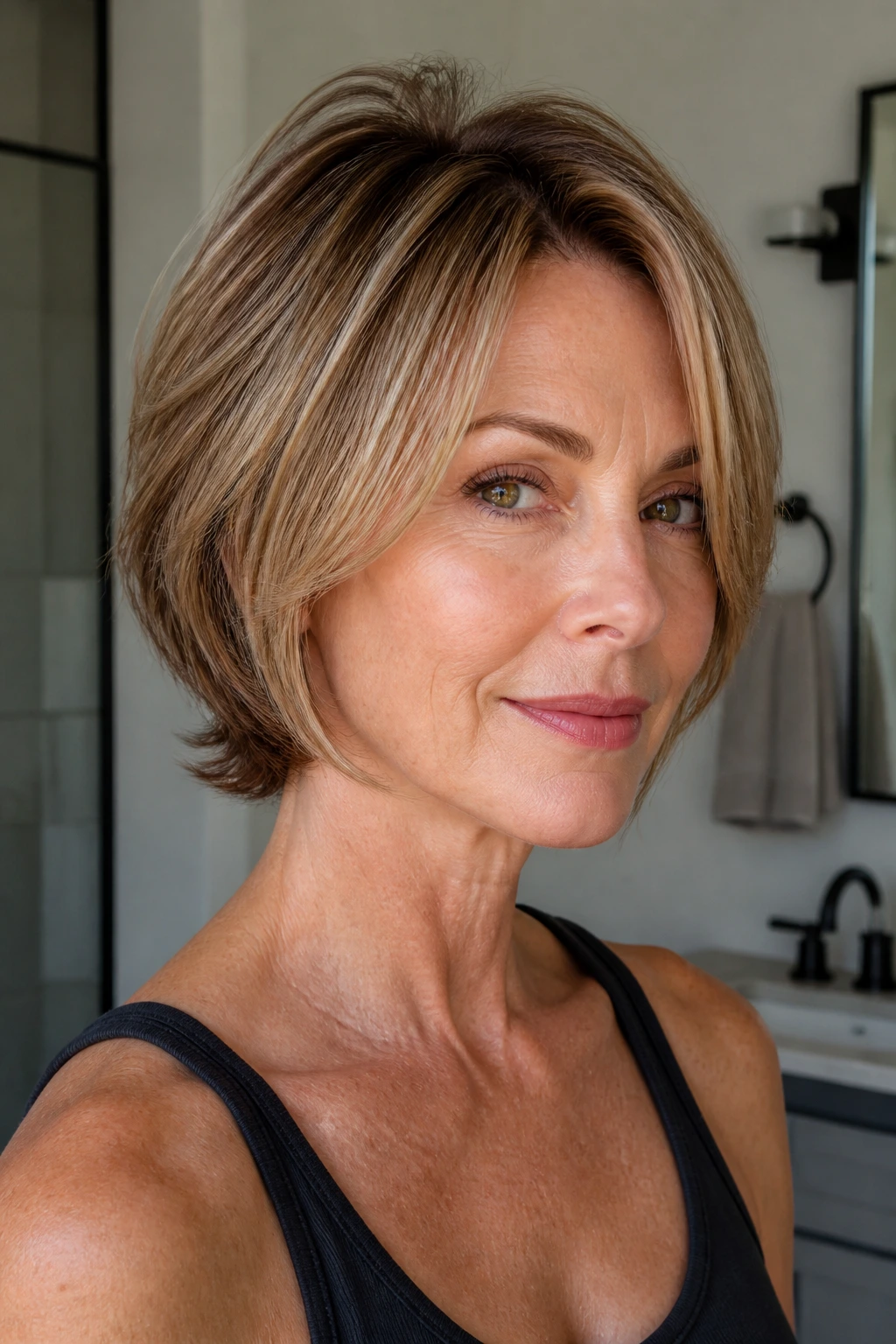 Close-up portrait of a real woman with a chic fine-hair cut featuring clean edges and crown lift