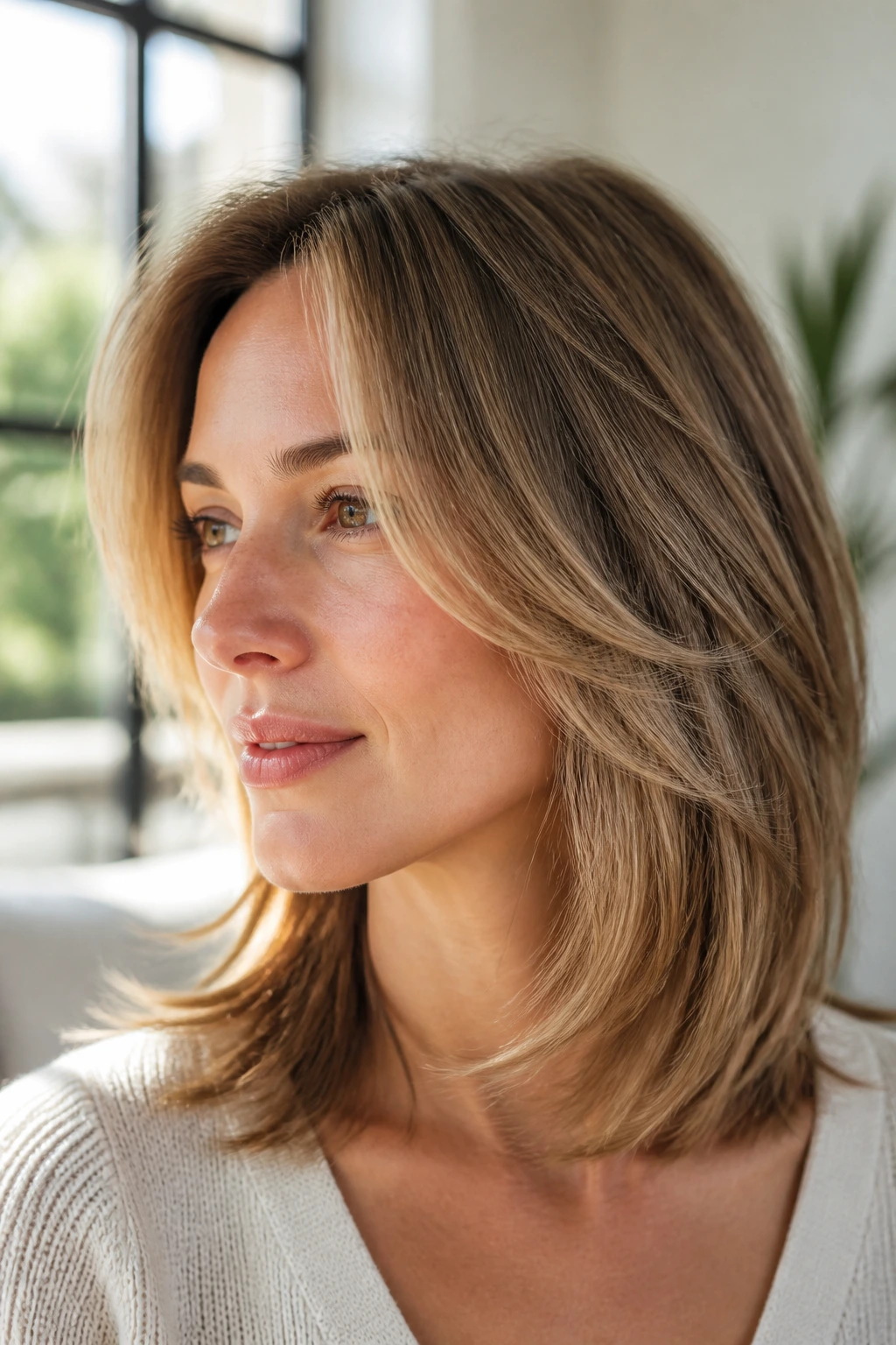 Real person with fine hair showing long, subtle density-creating layers