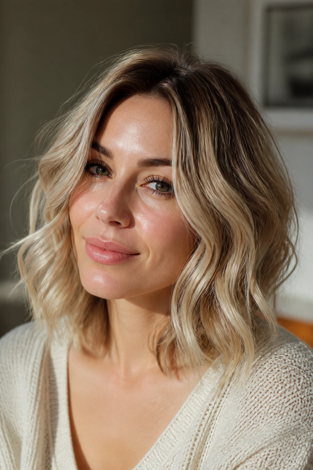Close-up of a real woman with fine hair styled in airy waves to create density