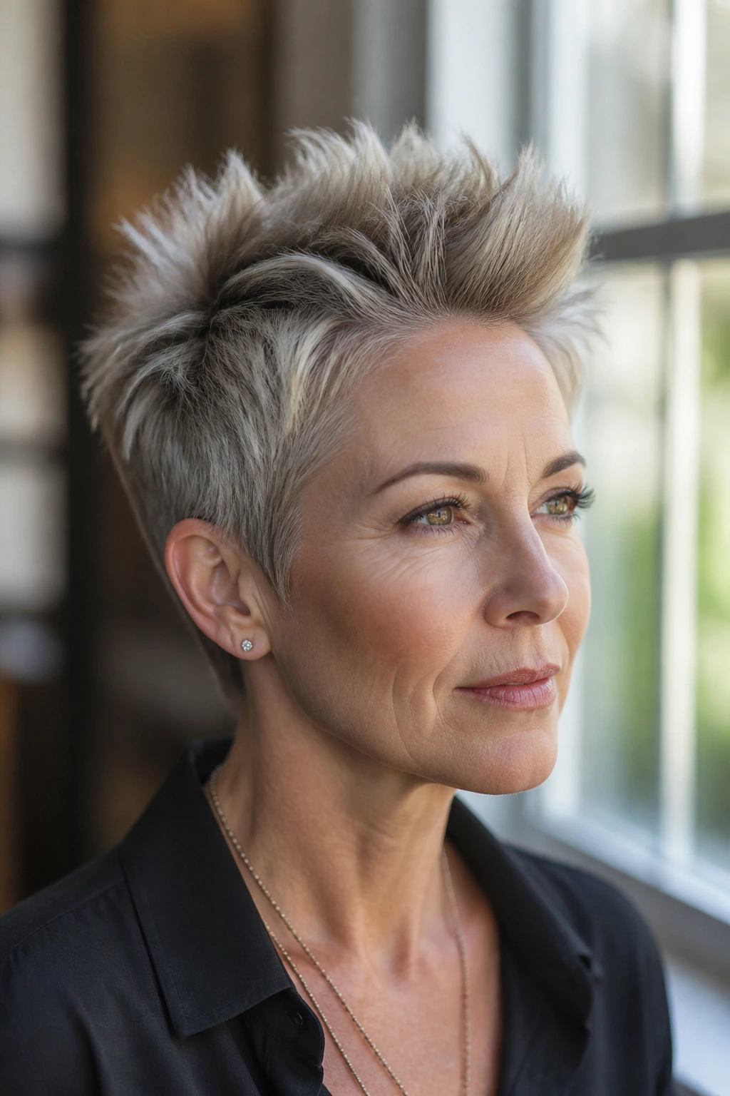 Real woman with fine-hair faux hawk lifted crown in bright window light.