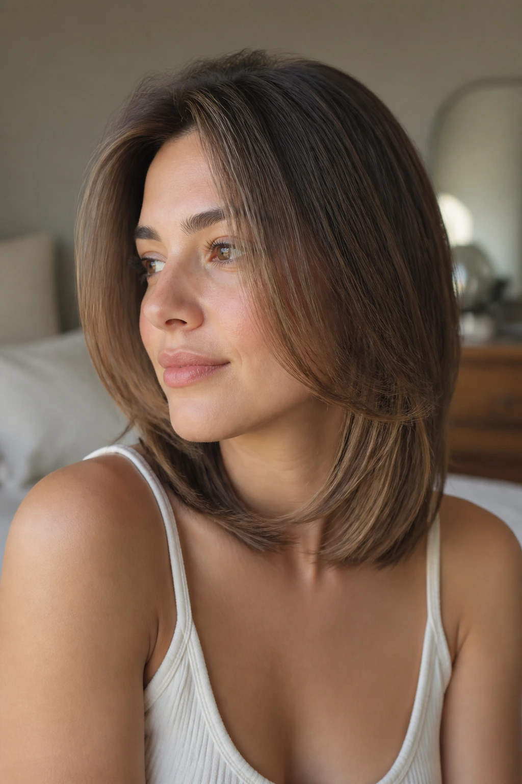 Close-up of a real woman with a feathered curve framing the face in natural window light