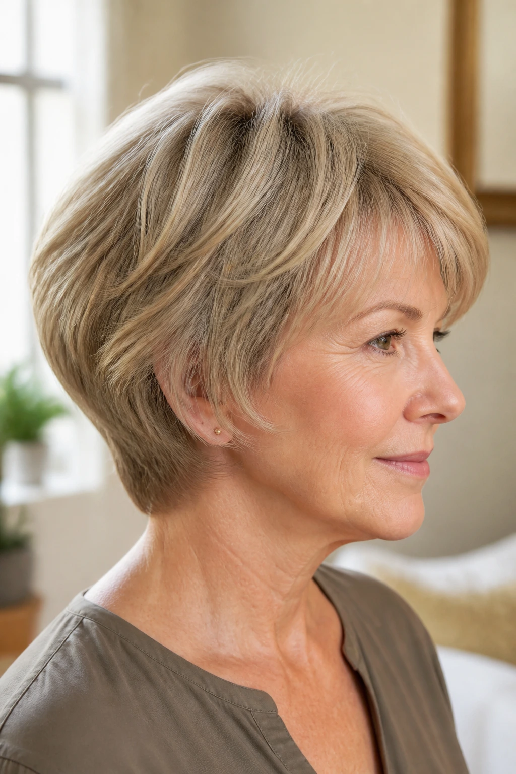 Close-up of real woman with fine hair feathered cut with dense edge