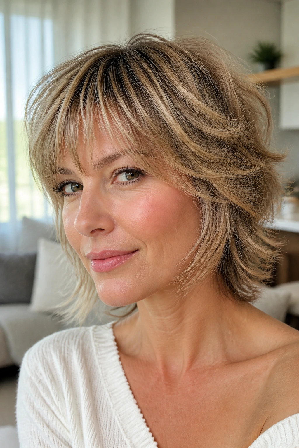 Close-up of real person with fine-hair feathered shag