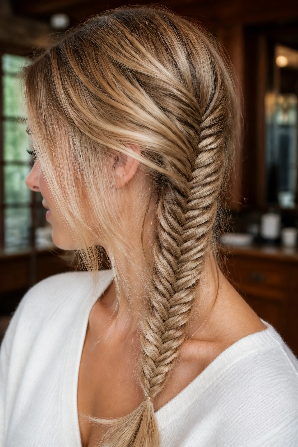 Real person with fine hair styled into a textured fishtail braid.