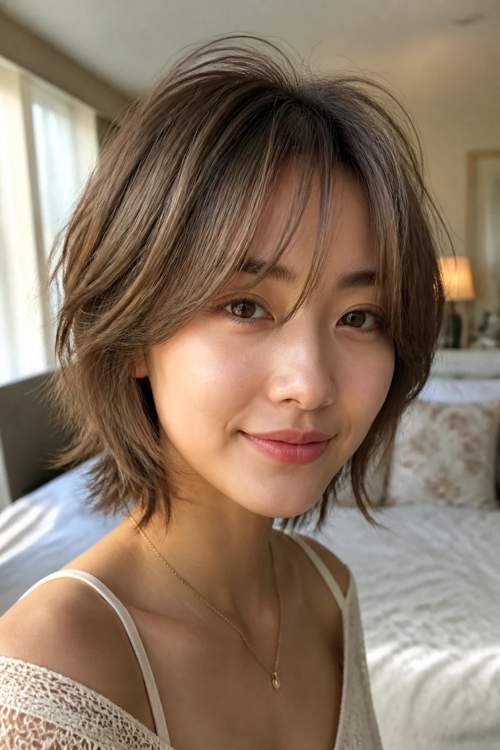 Close-up portrait of a real woman with fine hair lifted at crown and curtain bangs