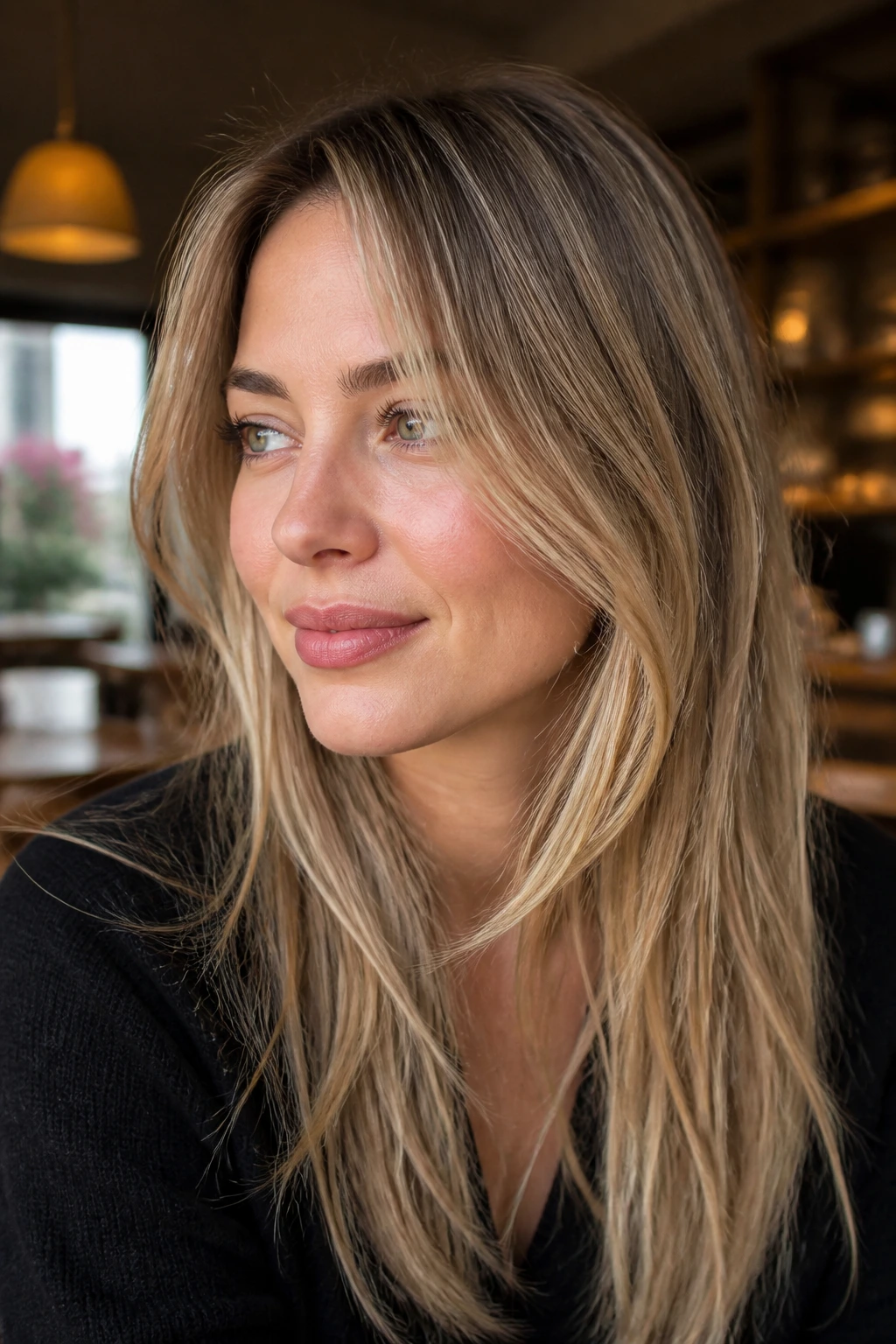 Close-up of a real woman with an airy, light front frame on fine hair