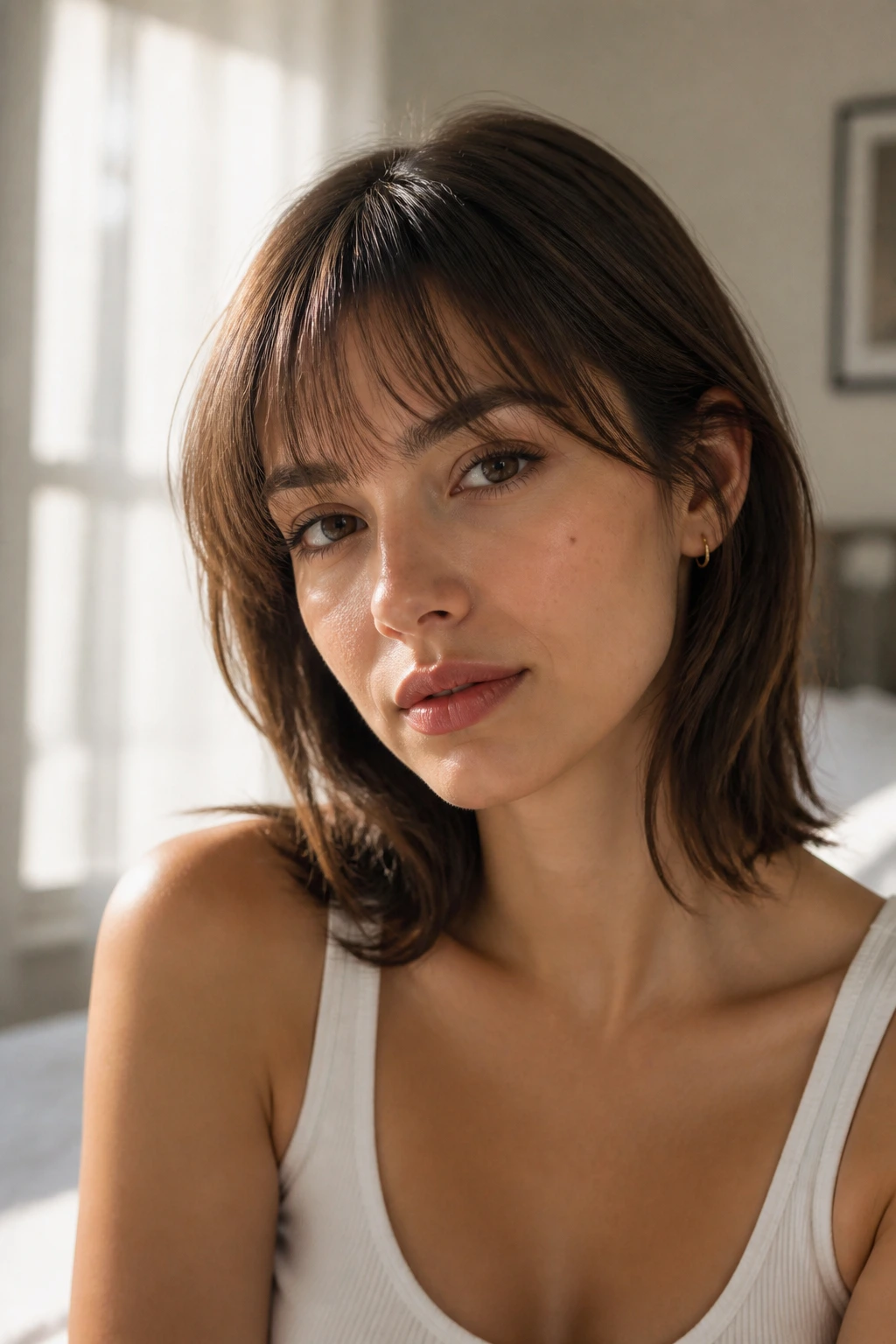 Close-up of a real woman with airy fringe floating over the brow in sunlit bedroom