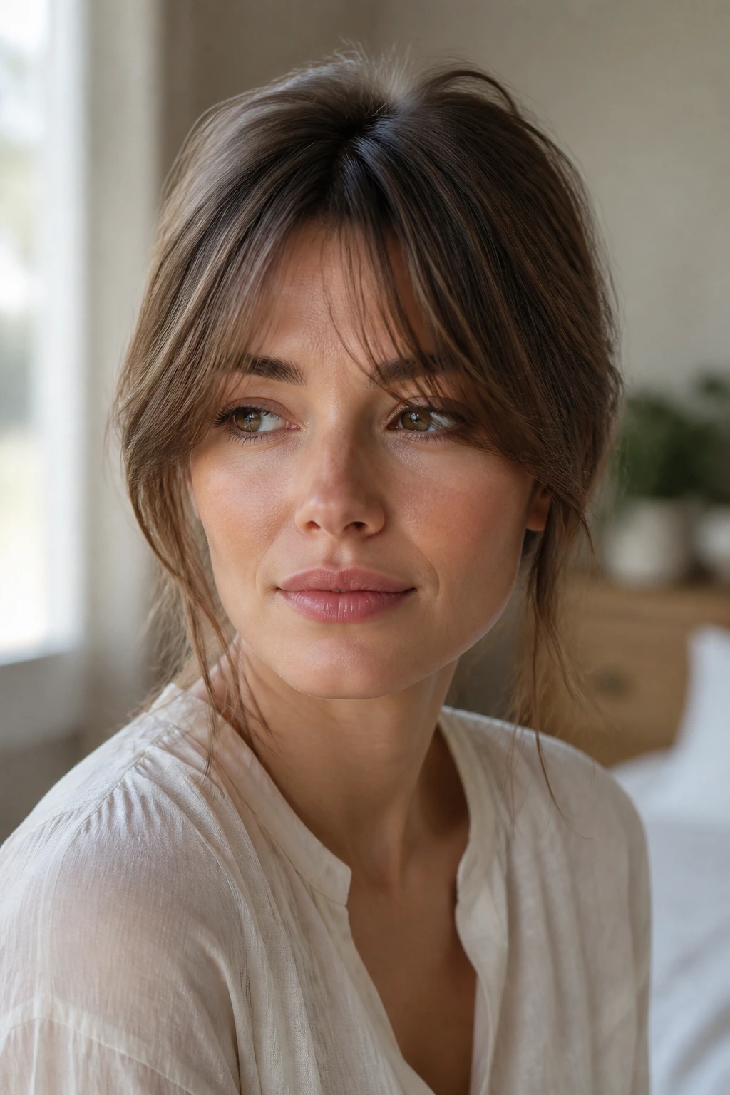 Close-up portrait of a real woman with fine-hair feather fringe under soft window light.