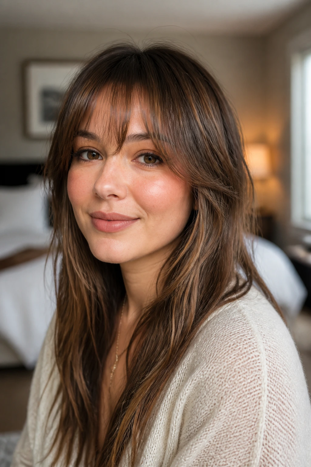 Close-up portrait of a real woman with fine hair and a soft lightweight fringe