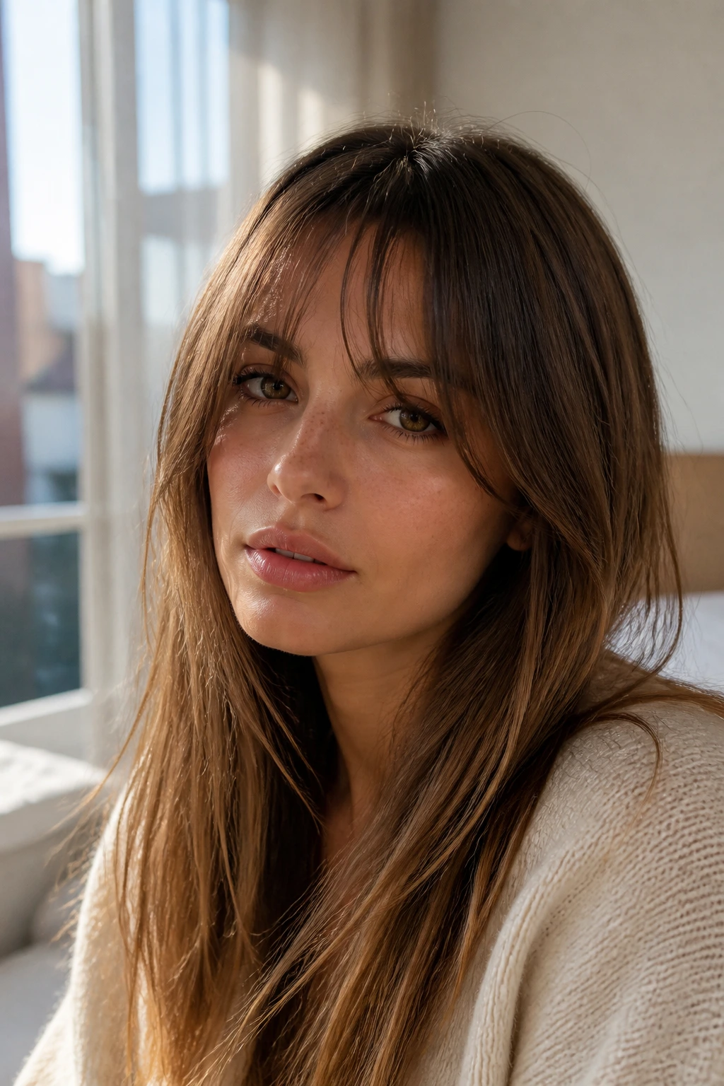 Close-up portrait of a real woman with fine-hair floaty fringe