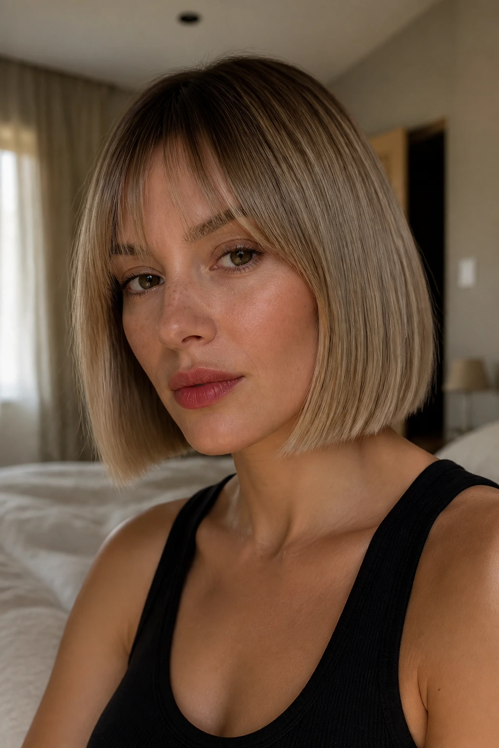 Close-up portrait of a real woman with a fine-hair Fuller Bob in natural light.