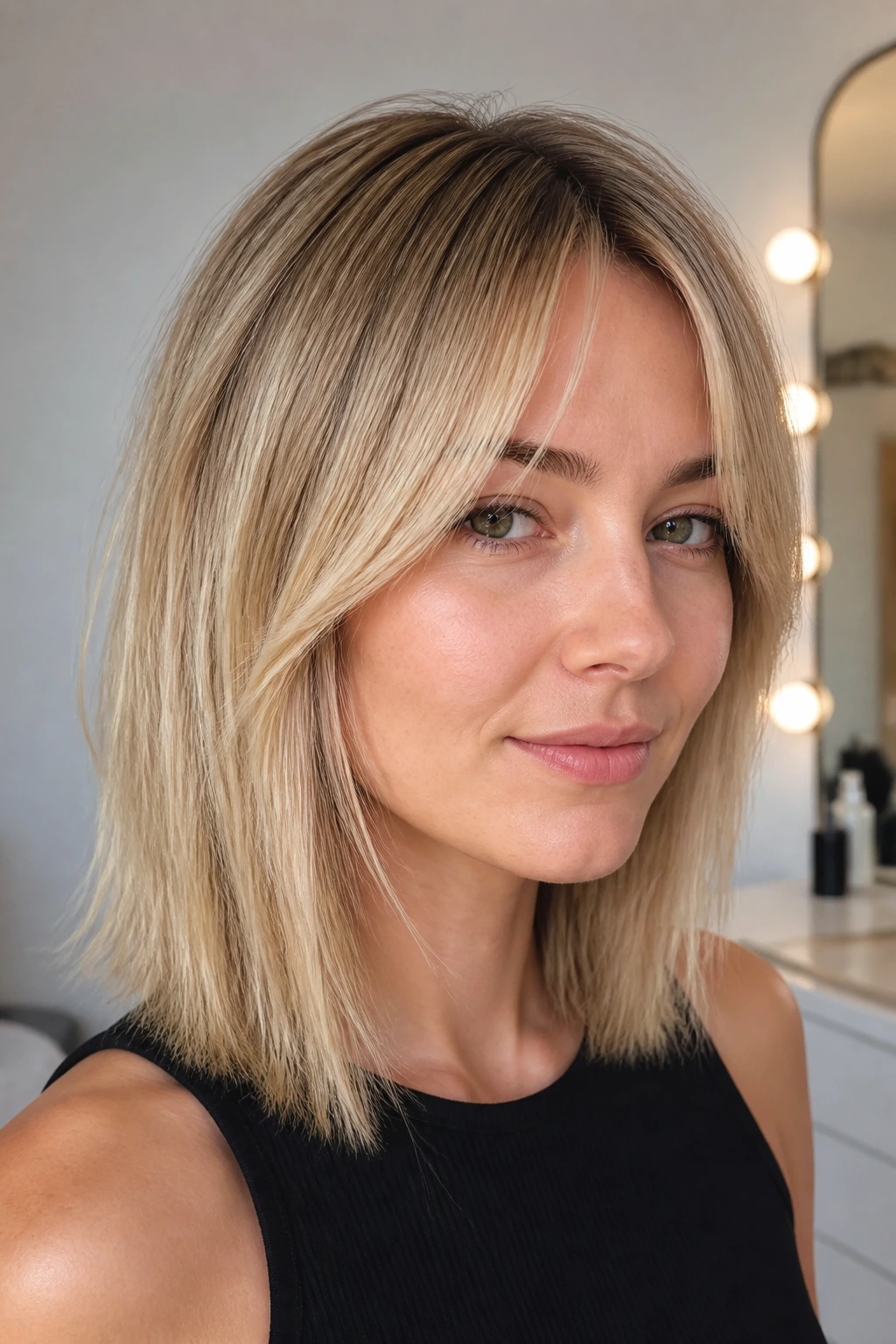 Close-up portrait of a real person with fine hair and piecey curtain bangs