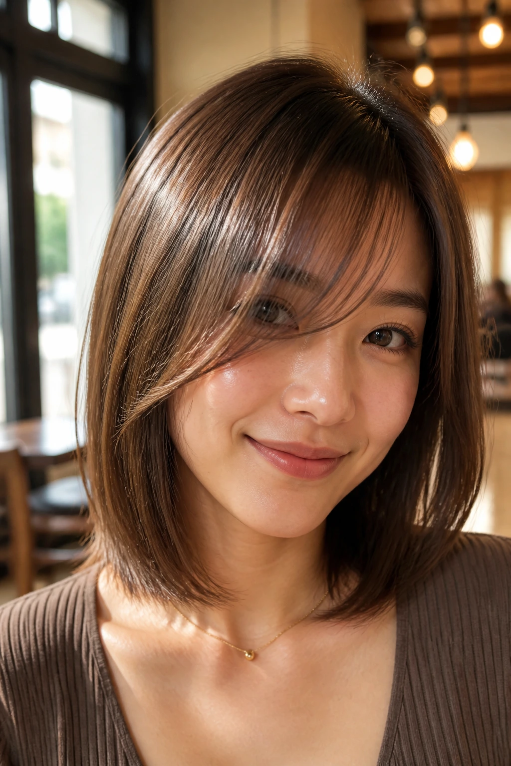 Close-up portrait of a real person with a glassy lob and airy side bangs